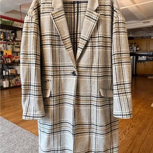 Madewell Gray Plaid Wool Overcoat